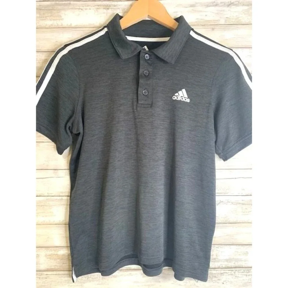 Adidas Boys Polo Shirt Gray Size L 14/16 100% Polyester Short Sleeve with Logo